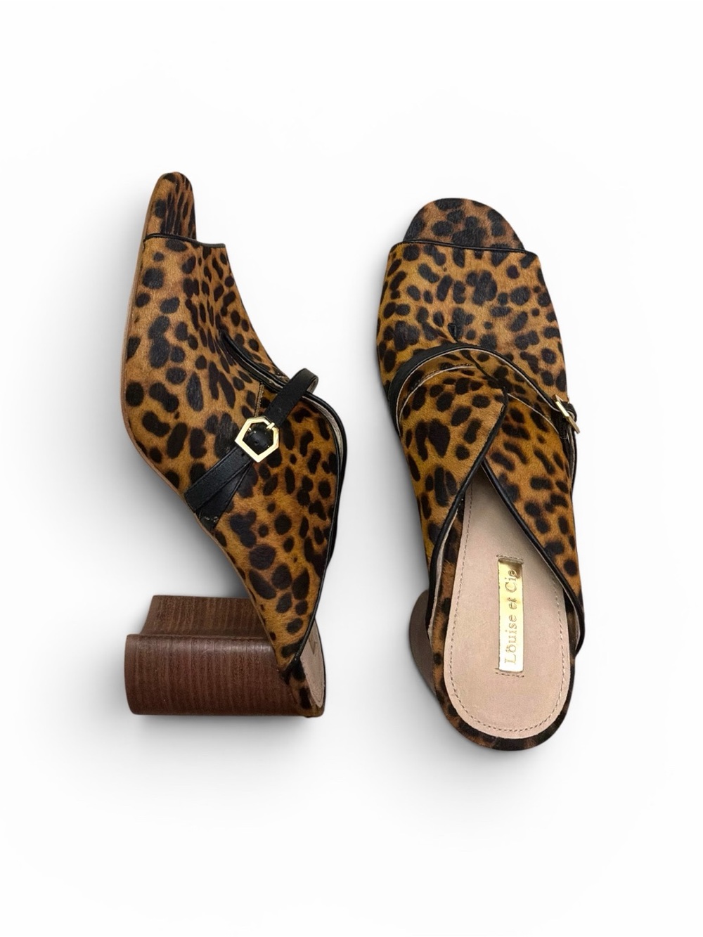 Louise eat Cie Kimba Peep Toe Leopard Cow Hair Mules Size 10